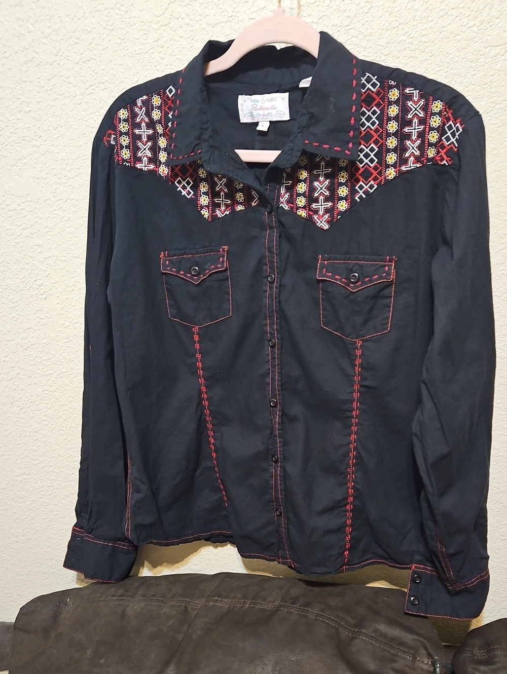 Black Embroidered Yoke Button-Down Shirt - Women's